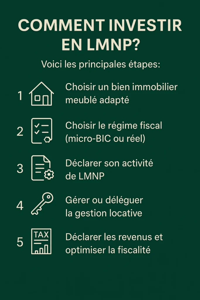 Infographie qui montre les 5 étapes essentielles pour investir en LMNP